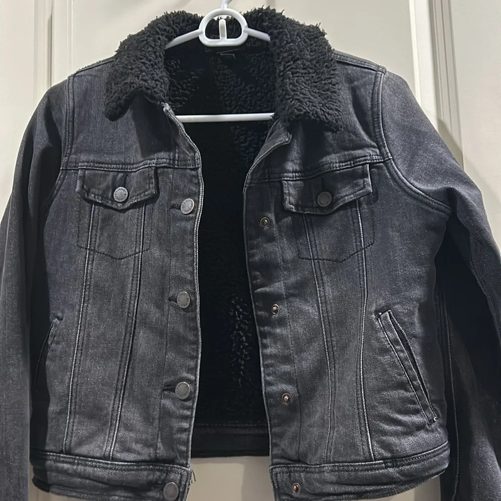 Art Class kid Sherpa lined black snap boxy denimJean jacket pockets size L 10/12